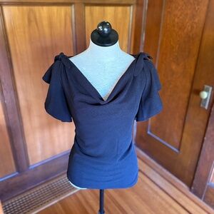 Unique Vintage Cowl Neck Black Top, Short Flutter Sleeves, Classic, Sz Large